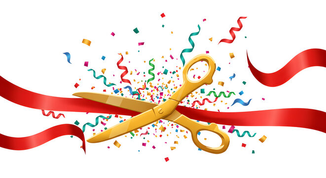 Ceremonial scissors cutting red ribbon with confetti explosion celebrates a grand opening