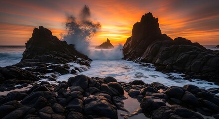 Stunning Coastal Sunset Over Rocky Outcrops With Waves Crashing Against the Shoreline
