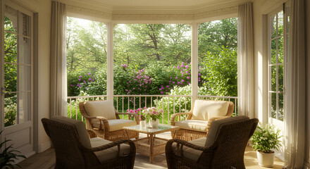 Sunlit Garden Room Interior Design Relaxing Wicker Furniture and Lush Greenery