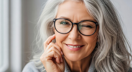 Elegant Elderly Woman with Silver Hair Winking and Smiling While Wearing Black Eyeglasses in a Bright Interior