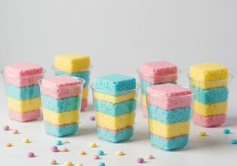 Colorful layered cake slices in clear cups on a white table decorated with small candies. Sweet dessert for celebration or party concept.