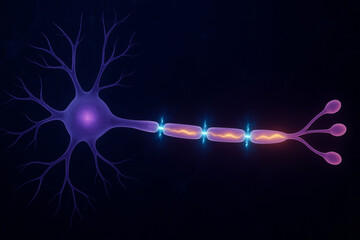 Illustration of a myelinated neuron transmitting an action potential. Electrical signals jump between nodes of Ranvier along the axon, enabling rapid signal conduction.