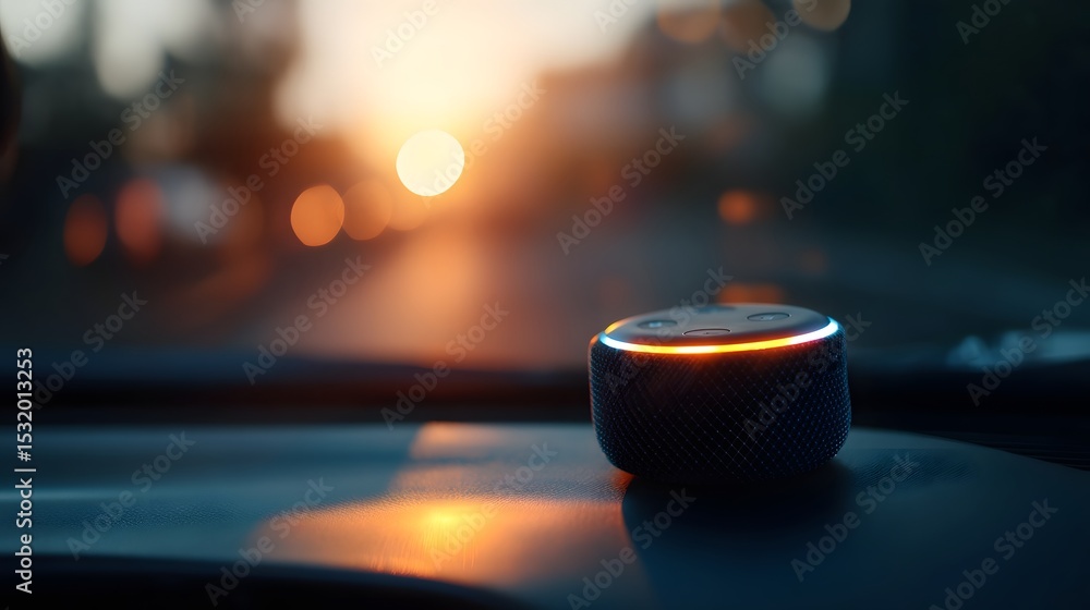 Aufkleber smart speaker interface with warm ambient glow reflecting on dashboard