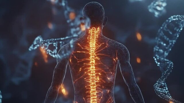 Glowing Spine and DNA Strands: Human Anatomy and Genetic Code Visualization