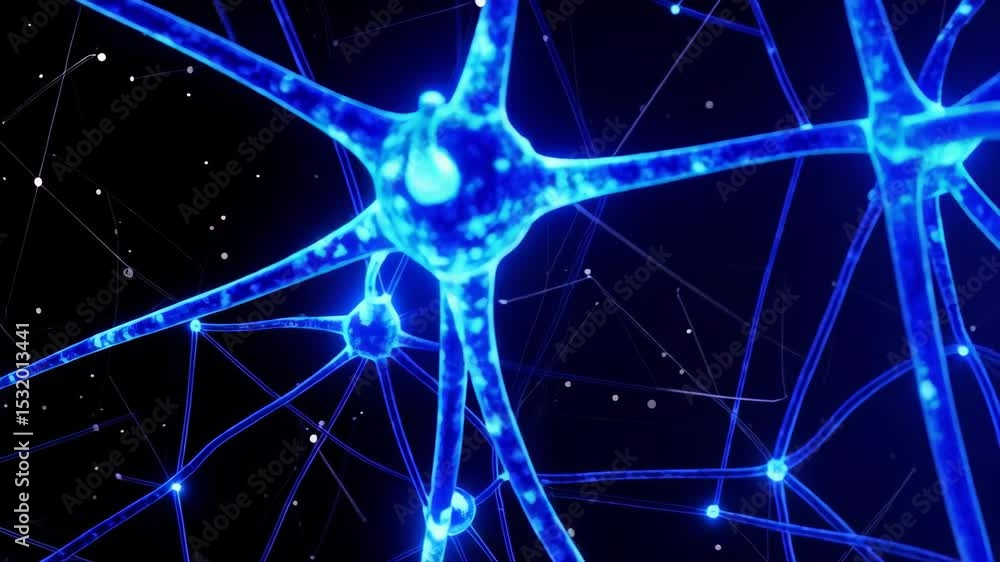 Poster digital animation showing the interconnected structure of neurons with glowing blue synapses against