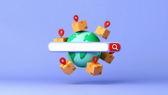 Global Delivery A 3D Render of Packages Orbiting Earth with a Search Bar for Easy Tracking