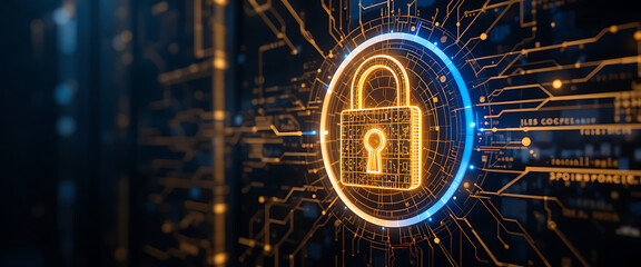 abstract cyber protection data base strong protection transparent 3d wall theme network connected style dark golden and gold gradient blending visual dark background on the left wall glass with digita