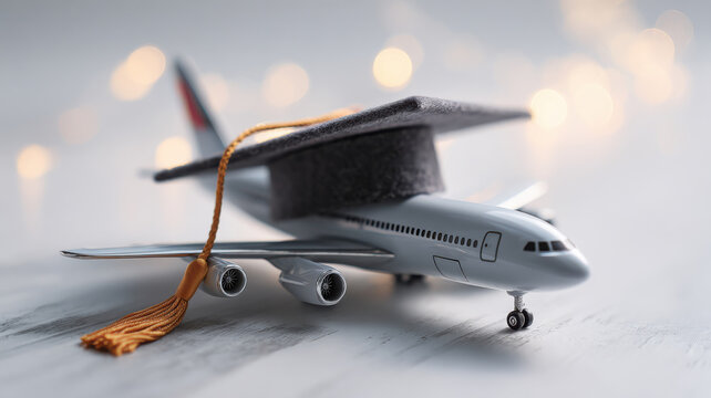 Graduation cap placed on an airplane model with online training icon in background, metaphor for digital pilot education