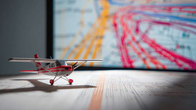 Small model airplane next to a screen with airspace separation charts, metaphor for traffic coordination training