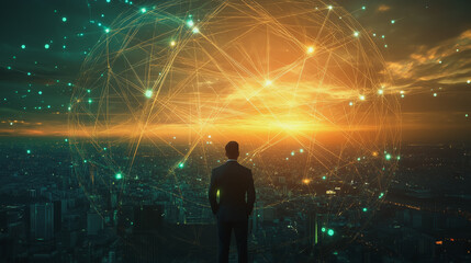 businessman stands on the peak of success amid tall innovative Smart city with connection network reciprocity over the cityscape social media networking systems that connects on the peak of succes