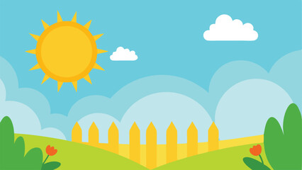 Obraz premium Playful sunny landscape illustration with clouds fence and greenery perfect for summer designs
