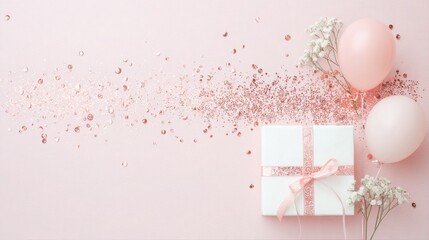 Celebration Gift Box with Pink Balloons Confetti and Flowers