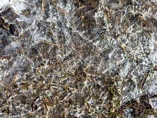 Close-up of frozen ground with blades of grass and air bubbles trapped in transparent ice. Natural winter texture.