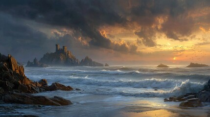 Coastal Sunset View With Dramatic Clouds Rocky Shore