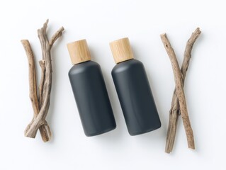 Two Bottles Of Dark Body Lotion Surrounded By Twigs