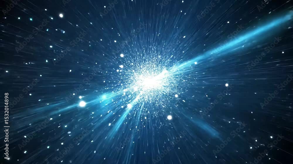 Poster dynamic display of flying sparkling particles radiating in a cosmic environment, flying sparkling pa