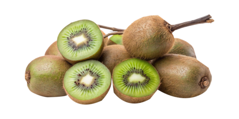 A pile of whole kiwis with several cut to display the vibrant green fruit