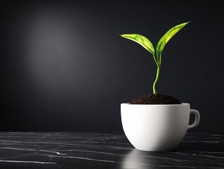 Small Plant Grows in Coffee Cup Minimalist Dark Aesthetic