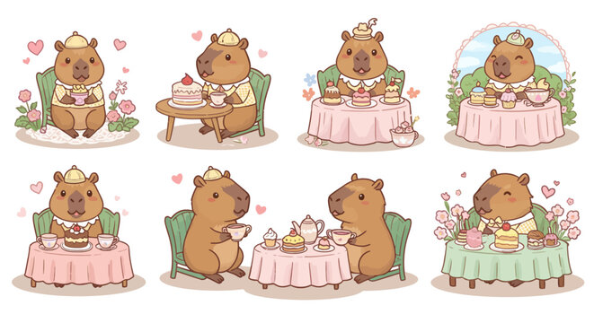 Capybara tea party set with cute animals, and pastel.