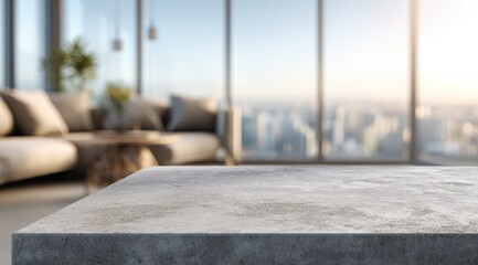 A blurred modern living room with large windows overlooking a city at sunrise is the backdrop to a textured concrete surface in the foreground
