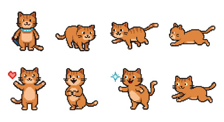 Fototapeta premium Pixel Cat Set Cute Kitten Poses on White.