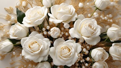 Elegant white roses bouquet with gold accents for decor