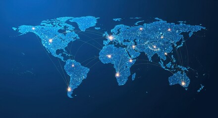Interconnected glowing nodes forming a digital world map on a dark blue background, representing global data and partnerships