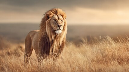 Majestic lion standing tall in golden savannah grass under warm sunlight, wide horizon and open skies, symbol of wildlife conservation and planetary protection