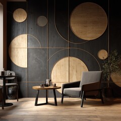 Modern cafe interior, dark wood accents, circular design