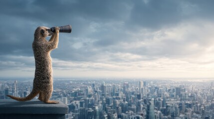 Meerkat in upright pose using binoculars from top of a building, vast modern cityscape in background, concept of leadership, strategy, and vision