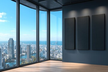 Obraz premium Modern, minimalist room with floor-to-ceiling windows offering a panoramic city view and three blank canvases on a dark wall