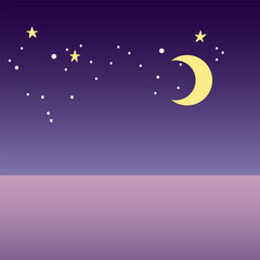 A serene night sky with a crescent moon and scattered stars against a gradient purple background. The scene evokes a calm and peaceful atmosphere.