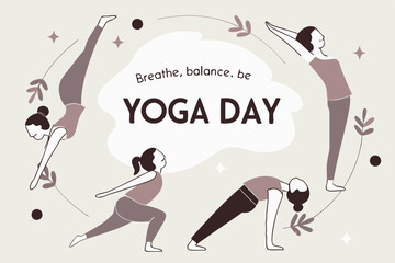 Yoga poses forming a circular pattern, with ‘Breathe. Balance. Be.’ and ‘Yoga Day’ text in center.