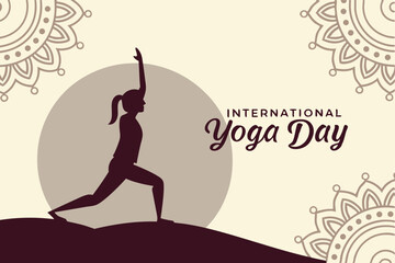 Lotus pose silhouette inside a mandala circle with ‘International Yoga Day’ below in clean script.