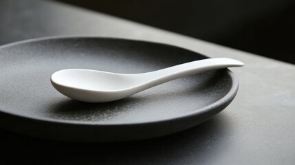 Minimalist Still Life: A White Spoon on a Dark Plate