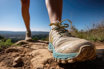 Naklejka premium Journey on the Trail: A detailed shot of hiking boots on a rocky path, captured from a low angle, offering a dynamic perspective of a trek.