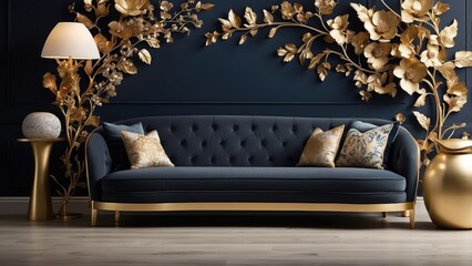 Elegant Golden Interior Design With Dark Blue Sofa Arrangement