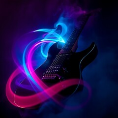 Fototapeta premium A black electric guitar surrounded by neon blue and pink light trails on a dark background scene art