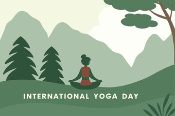Peaceful mountain landscape with a yoga figure meditating and ‘International Yoga Day’ written in calm font.
