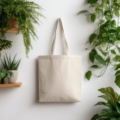 Beige tote bag on white wall, plants