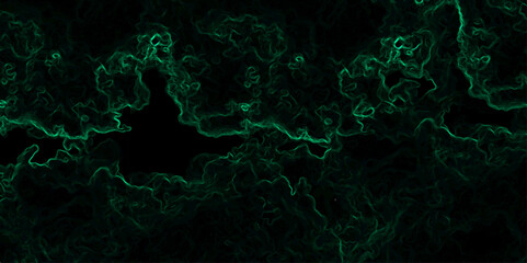 Abstract dark background composed of swirling, cloud-like textures in deep black and vibrant neon green. Electric plasma or smoke tendrils, forming glowing, intricate, organic shapes across the canvas