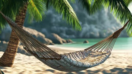 Relaxing in a tropical hammock under palm trees by the beach with soft sand and a calm sea, Tropical Hammock Under the Palms, seamless ing background - Powered by Adobe