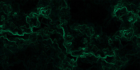 Abstract dark background composed of swirling, cloud-like textures in deep black and vibrant neon green. Electric plasma or smoke tendrils, forming glowing, intricate, organic shapes across the canvas