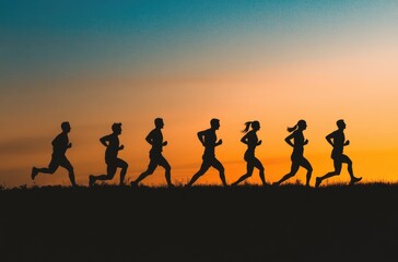 Sunset Runners: Silhouettes of runners at sunset, creating a powerful image of determination, teamwork, and the pursuit of fitness goals.