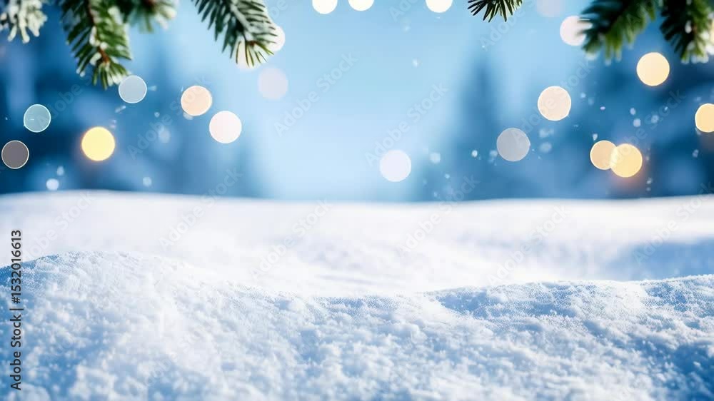 Poster snowy field beneath evergreen branches with decorative lights creating a tranquil winter scene