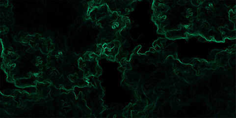 Abstract dark background composed of swirling, cloud-like textures in deep black and vibrant neon green. Electric plasma or smoke tendrils, forming glowing, intricate, organic shapes across the canvas