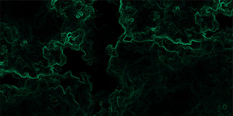 Abstract dark background composed of swirling, cloud-like textures in deep black and vibrant neon green. Electric plasma or smoke tendrils, forming glowing, intricate, organic shapes across the canvas