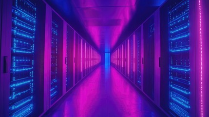Shot of Data Center With Multiple Rows of Fully Operational Server Racks. Modern Telecommunications, Cloud Computing, Artificial Intelligence, Database.