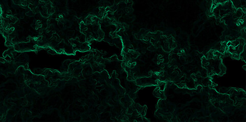 Abstract dark background composed of swirling, cloud-like textures in deep black and vibrant neon green. Electric plasma or smoke tendrils, forming glowing, intricate, organic shapes across the canvas