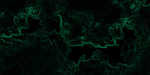 Abstract dark background composed of swirling, cloud-like textures in deep black and vibrant neon green. Electric plasma or smoke tendrils, forming glowing, intricate, organic shapes across the canvas